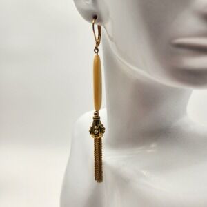 Yellow Oval Bead Dangle Drop Earrings‎ with Gold Tassel for Women
